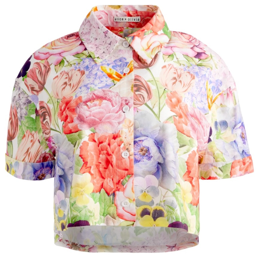 Alice + Olivia Carver Cropped Short Sleeve Button Down Shirt - S